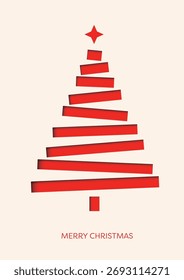 Simple, modern, and elegant holiday vector art. An abstract Christmas tree design formed by stacked red cut-out shapes with a small white star on top, perfect for minimalist holiday cards or banners