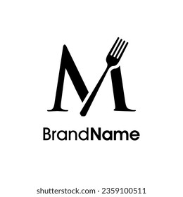 Diseño de logotipo de ilustración sencillo, moderno y elegante, M inicial se combina con tenedor y cuchara. Logotipo recomendado para bebidas relacionadas con el negocio, restaurante, cafetería y comida.