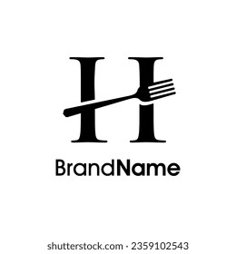 Diseño del logotipo de ilustración simple, moderno y elegante, H inicial se combina con tenedor y cuchara. Logotipo recomendado para bebidas relacionadas con el negocio, restaurante, cafetería y comida.