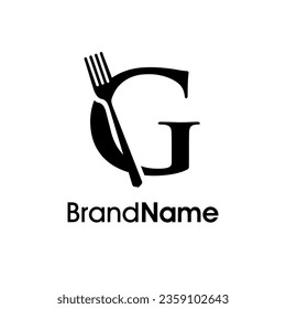 Diseño del logotipo de la ilustración simple, moderna y elegante inicial G combinado con horquilla y cuchara. Logotipo recomendado para bebidas relacionadas con el negocio, restaurante, cafetería y comida.
