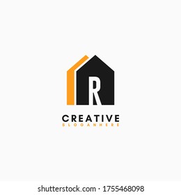 Simple modern estate R logotype design concept in black and orange colors.