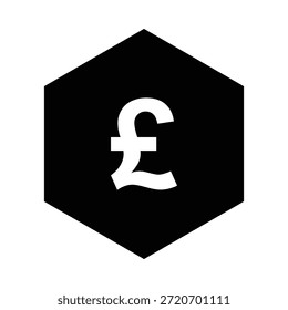 Un ícono financiero simple y moderno con un hexágono negro con un símbolo de libra blanca sobre un fondo blanco liso, que representa la libra esterlina británica.