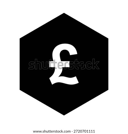 A simple and modern financial icon featuring a black hexagon with a white pound symbol on a plain white background, representing the British pound sterling currency.