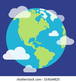 Simple modern flat design globe illustration with transparent clouds