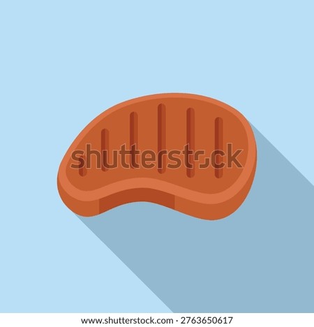 Simple, modern flat design icon of a grilled steak with a shadow, on a blue background