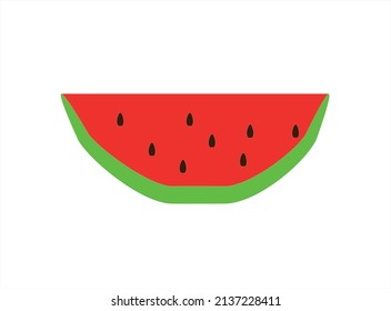 A simple and modern flat design illustration of a watermelon slice. Featuring clean lines and solid colors representing the red flesh, green rind, and black seeds. This versatile vector icon is perfect for logos, web design, mobile apps, infographics, or as a graphic element for modern and minimalist branding.