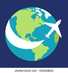 Simple modern flat design illustration plane flying around the globe  with blue background
