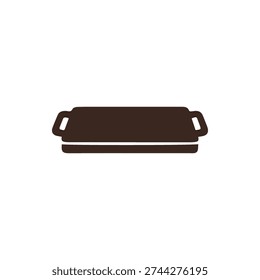 A simple and modern flat icon of a dark brown rectangular baking dish or roasting pan with side handles. Isolated vector graphic on a white background.