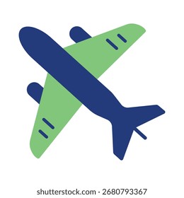 A simple and modern flat illustration of an airplane icon in blue and green. Isolated on a white background, it's perfect for travel, aviation, and transportation concepts.
