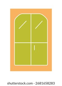 Uma ilustração plana simples e moderna de uma janela arqueada com quatro painéis. Um elemento arquitetônico ou ícone para design de casa, interior e edifício. Isolado em um fundo branco.
