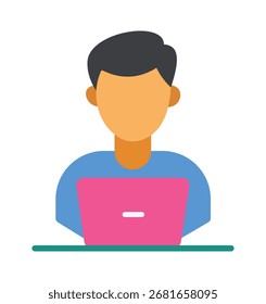 Uma ilustração plana simples e moderna de um personagem masculino sem rosto sentado em uma mesa e trabalhando em seu computador portátil. Isolado em um fundo branco.
