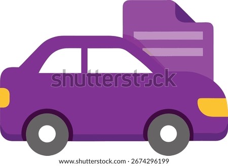 A simple, modern flat illustration of a purple car carrying a document icon, symbolizing transportation of important papers or data, isolated on a clean white background.