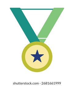 Una ilustración plana simple y moderna de la medalla de un ganador. Cuenta con un medallón de oro con una estrella azul y una cinta verde de dos tonos, que simboliza el primer lugar, el logro y la victoria.
