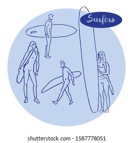 Simple modern  fresh vector sketches of surfers