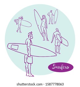 Simple modern  fresh vector sketches of surfers