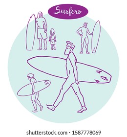 Simple modern  fresh vector sketches of surfers