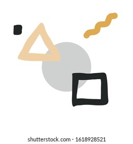 Simple modern geometric forms on white background. Contemporary triangle, square, circle, dot and line in black, white and yellow colors. Modern naive  Hand drawn vector illustration