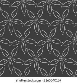 Simple modern geometric vector seamless pattern with white flowers, lines texture on dark gray background. abstract floral wallpaper, bright tile ornament.