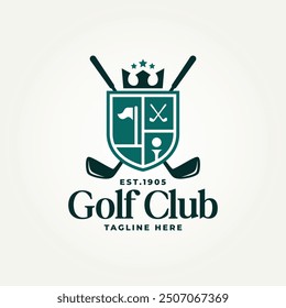 Diseño moderno simple de la Ilustración vectorial del logotipo de la insignia del club de golf. Club de golf con palo cruzado, golf de la bola, y logotipo del emblema de la bandera