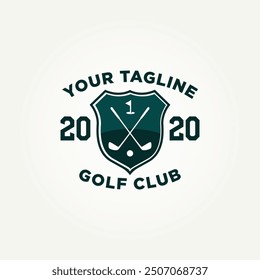 simple modern golf club with crossed stick, ball golf, and flag badge icon logo vector illustration design