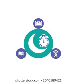 Simple and modern graphic design featuring a crescent moon, alarm clock, and other icons related to sleep and relaxation. Isolated on white background.