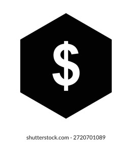 Un Diseño gráfico simple y moderno con un hexágono negro con un signo de dólar blanco sobre un fondo blanco liso, que representa las finanzas y el comercio.