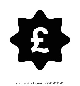 Un Diseño gráfico sencillo y moderno con una forma de estrella negra con un símbolo de libra blanca sobre un fondo blanco liso, que representa las finanzas y la moneda en un estilo limpio y minimalista.