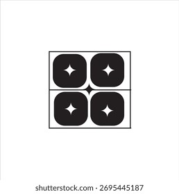 Un ícono gráfico simple y moderno con cuatro cuadrados redondeados negros, cada uno con una brillante estrella de cuatro puntas, ideal para la marca, los App y el Diseño web. 