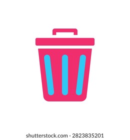 A simple modern graphic of a magenta waste bin featuring cyan vertical slots presented cleanly on stark white backdrop for diverse design applications.