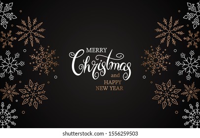 Simple modern greeting card merry christmas and happy new year. Hand lettering lettering and flat snowflakes. Congratulatory banner or invitation.Xmas concept. vector illustration