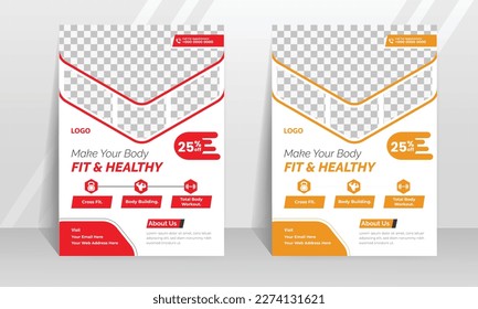 Simple and modern gym flyer design in 2 color variation. A4 size vector design with multiple image facility's   