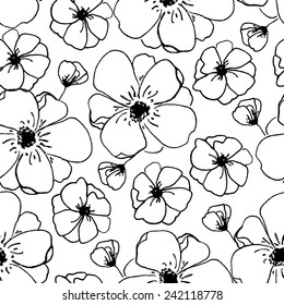 Simple Modern Hand Drawn Black and White Floral Pattern Vector that Repeats Seamlessly