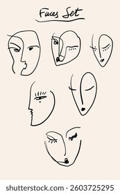 Simple modern hand drawn black and white trendy linear portrait faces art set. Abstract compositions ink brush handmade bundle. Monochrome contemporary print for clothes, textile and other. Vector
