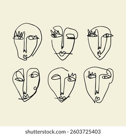 Simple modern hand drawn black and white trendy linear portrait faces art set. Abstract compositions ink brush handmade bundle. Monochrome contemporary print for clothes, textile and other. Vector