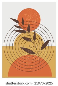 Diseño De Estilo Boho De Mano Moderna Sencilla Resumen Arte De Plantas Para Impresión, Cubierta, Papel De Cubierta, Muros Mínimos Y Naturales. Arte De Plantas Artísticas Contemporáneo Con Formas Geométricas