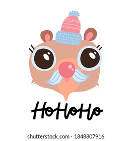 Simple modern hand drawn minimalist Christmas holiday card in flat childish style. Invitation or poster design with bear wearing santa hat and ho ho ho lettering. Flat vector illustration