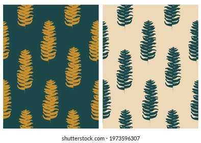 Simple Modern Hand Drawn Seamless Vector Pattern with Abstract Fern Twig on a Dark Green and Light Beige Background. Floral Print ideal for Fabric, Textile, Wraping Paper. 