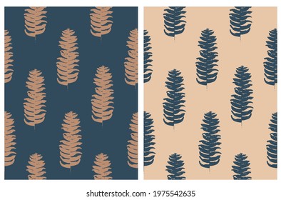 Simple Modern Hand Drawn Seamless Vector Pattern with Abstract Fern Twig on a Dark Blue and Light Brown Background. Floral Print ideal for Fabric, Textile, Wraping Paper. 