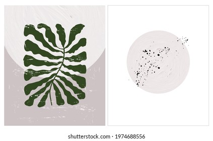 Simple Modern Hand Drawn Vector Art with Abstract Twig and Circle on a Dusty Pink and White Backround. Boho Style Design ideal for Wall Art, Poster, Card, Room Decoration. Minimalist Grunge Art.