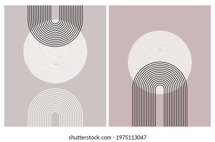 Simple Modern Hand Drawn Vector Art with White Circle and Black Arcs on a Pale Dusty Pink Backround. Boho Style Design ideal for Wall Art, Poster, Card, Room Decoration. Minimalist Art.