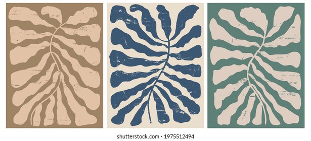 Simple Modern Hand Drawn Vector Art with Abstract Twigs on a Brown, Beige and Green Backround. Boho Style Design ideal for Wall Art, Poster, Card, Room Decoration. Minimalist Floral Grunge Art.