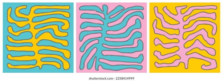 Sencillo arte vectorial de mano moderna con pelucas abstractas en un fondo azul, rosa y amarillo. Diseño de estilo Doodle ideal para el arte de la pared, afiche, decoración de habitaciones. Impresión de estilo de arte floral minimalista.