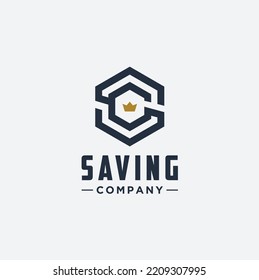 Simple Modern Hexagon Line Art Initial Letter S C with King Queen Crown for Monogram Wealth Finance Company Logo Design