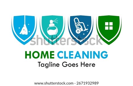 Simple and modern home cleaning logo featuring cleaning tools inside shields. Ideal for cleaning services, maid companies, or any business related to house maintenance.