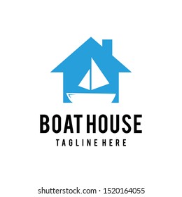 Simple modern house illustration with a sailboat sign inside logo design