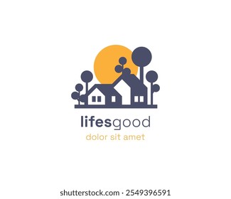 Simple modern house with tree and sun logo