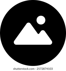 Simple and modern icon depicting a mountain with a rising sun, all enclosed within a circular black frame. Perfect for minimalistic design representations, applications, or symbols related to nature a