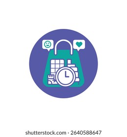 A simple and modern icon design depicting a shopping bag with positive feedback symbols, a clock, and various items. Isolated on white background. Perfect for e-commerce, online shopping