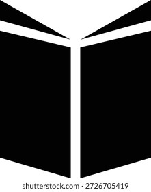 Eine einfache und moderne Ikone eines offenen Buches, schwarz-weiß auf einfarbigem Hintergrund dargestellt, als Symbol für Lesen, Lernen und Bildung.