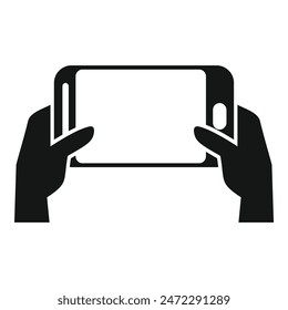 Simple, modern icon of two hands holding a smartphone horizontally